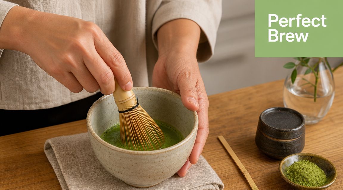 A person whisking green matcha powder in a ceramic bowl using a traditional bamboo tea whisk.