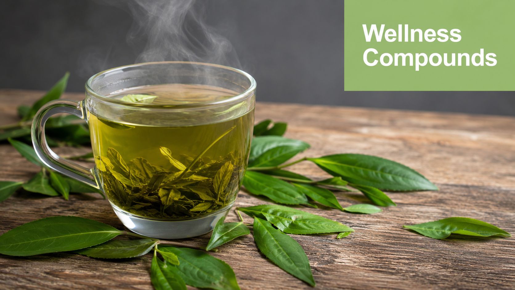 A steaming glass cup of organic green tea surrounded by fresh green tea leaves on wood.