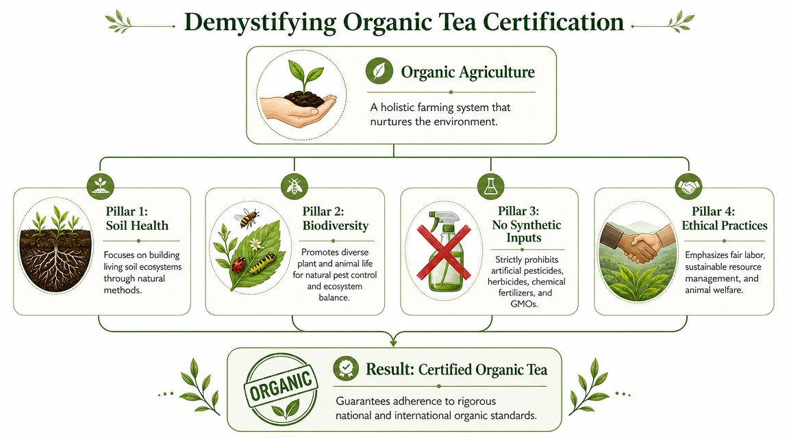 An infographic titled Demystifying Organic Tea Certification outlining the four pillars of organic farming and its result.