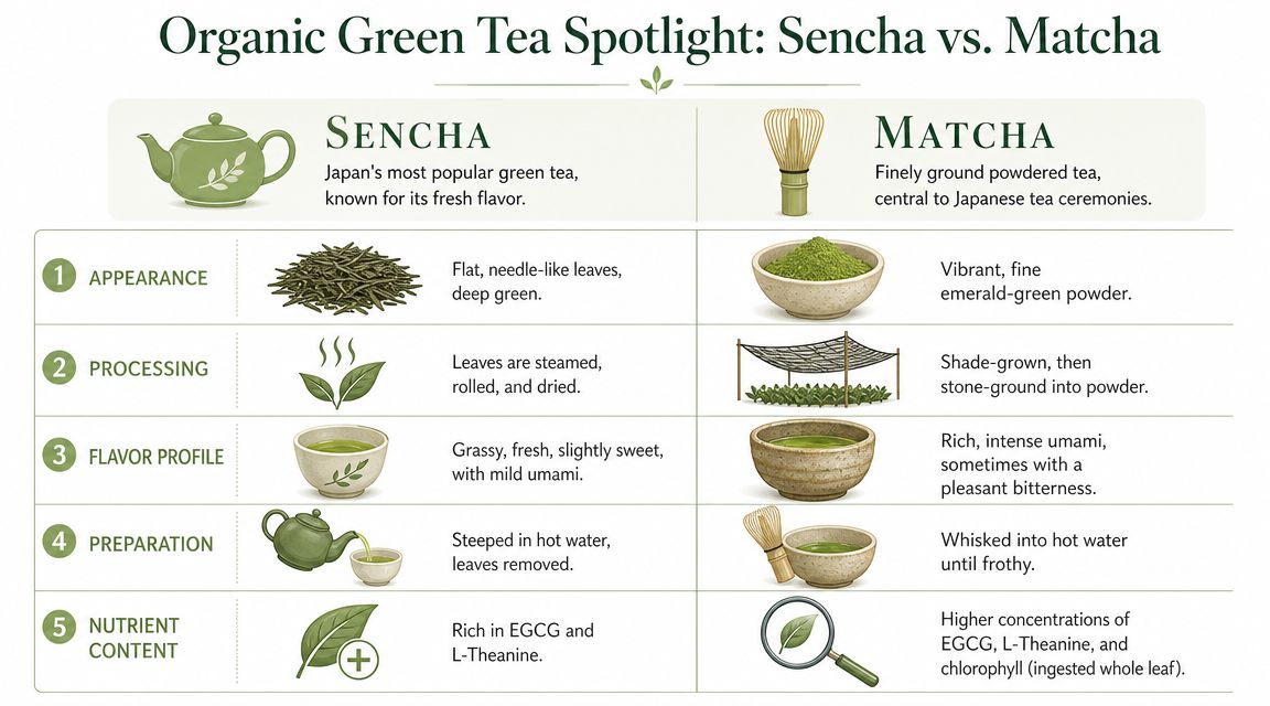 An educational infographic comparing the characteristics, processing, and benefits of Sencha and Matcha green tea types.