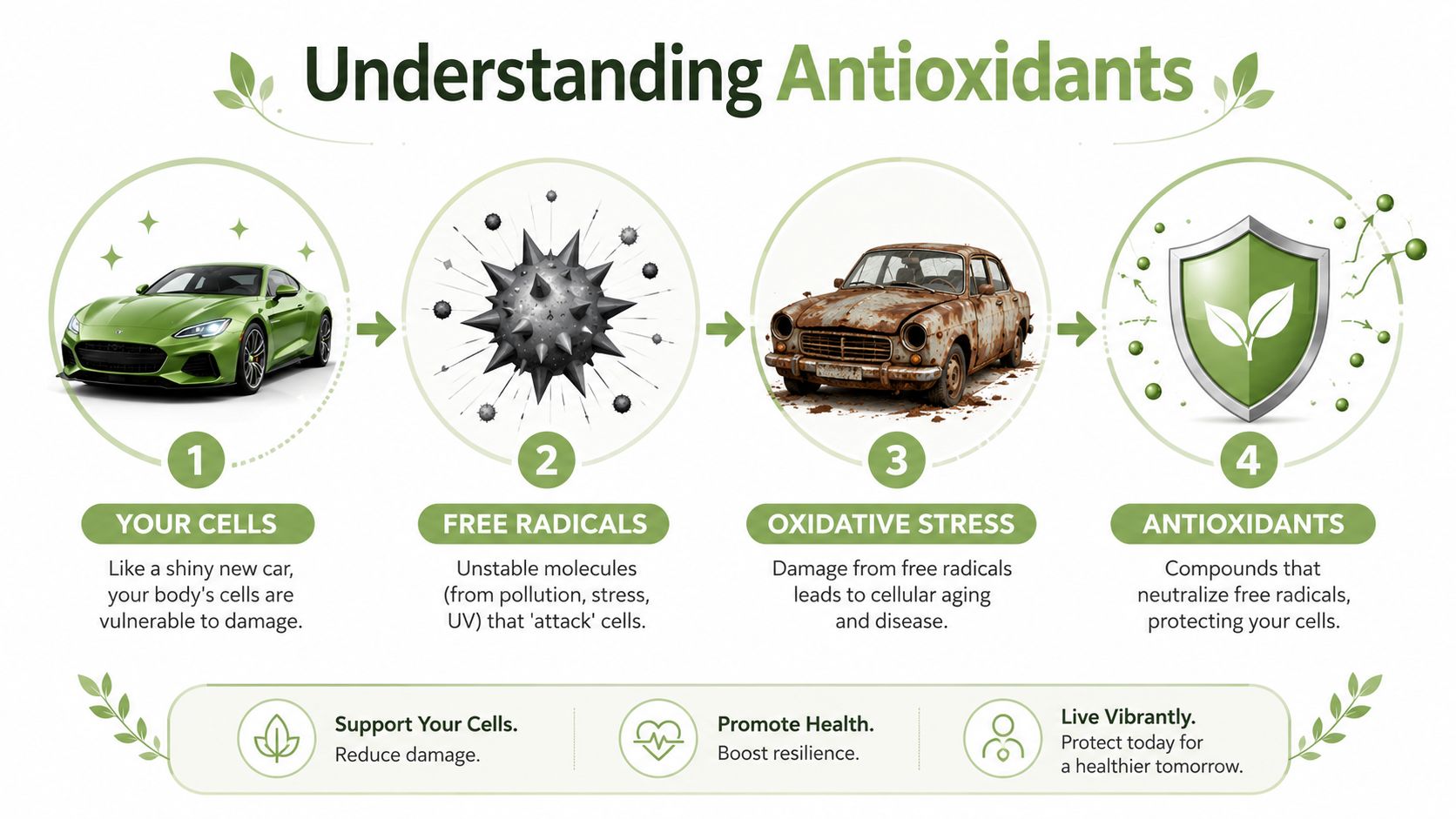 An infographic illustrating how antioxidants protect body cells from free radical damage like rust on a car.