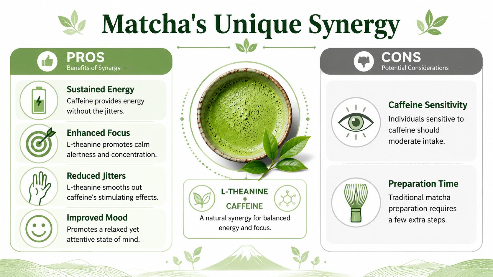 An infographic illustrating the unique health benefits and minor considerations of consuming matcha green tea.