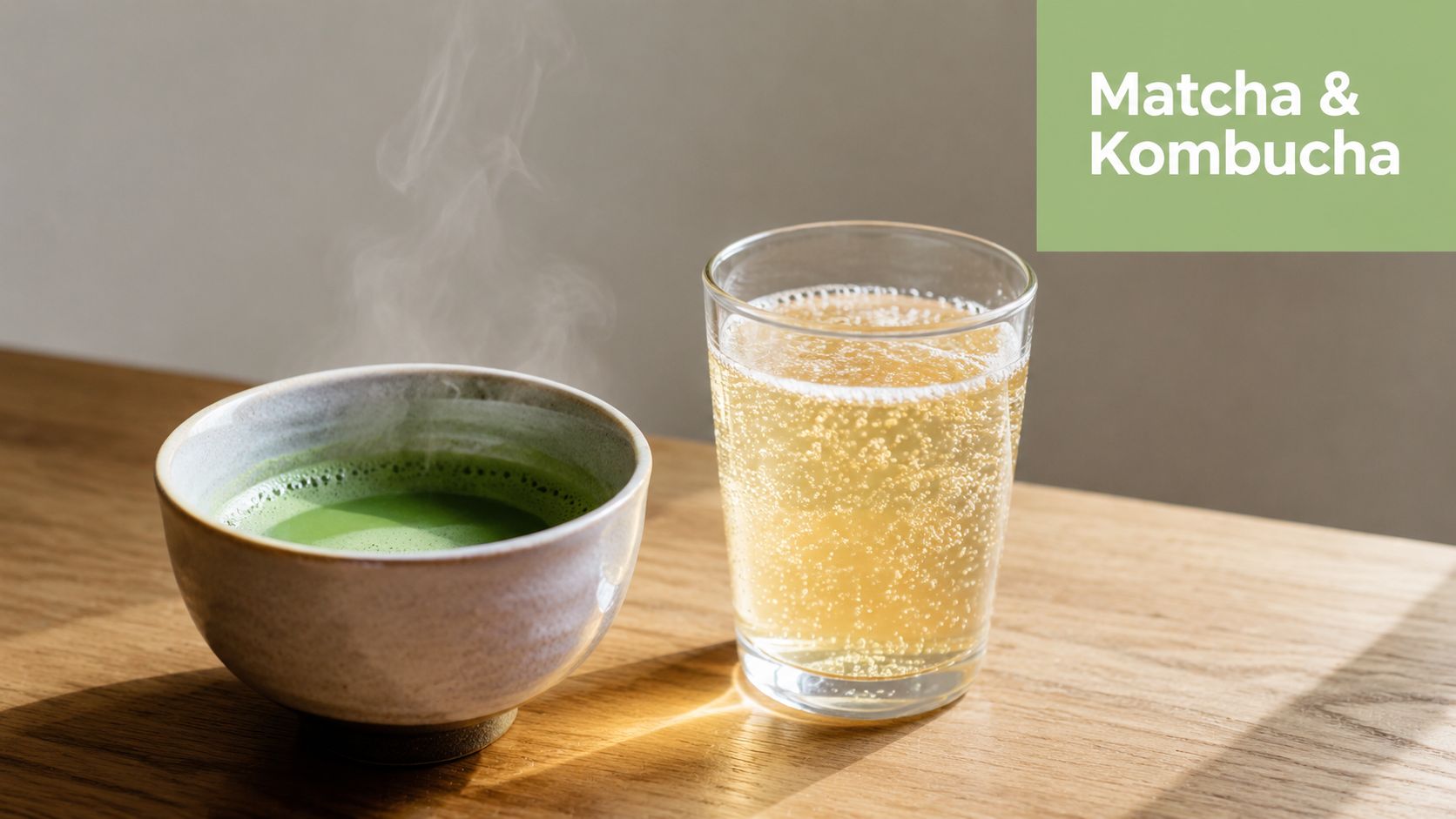 A ceramic bowl of steaming hot matcha tea and a glass of bubbly kombucha on a table.