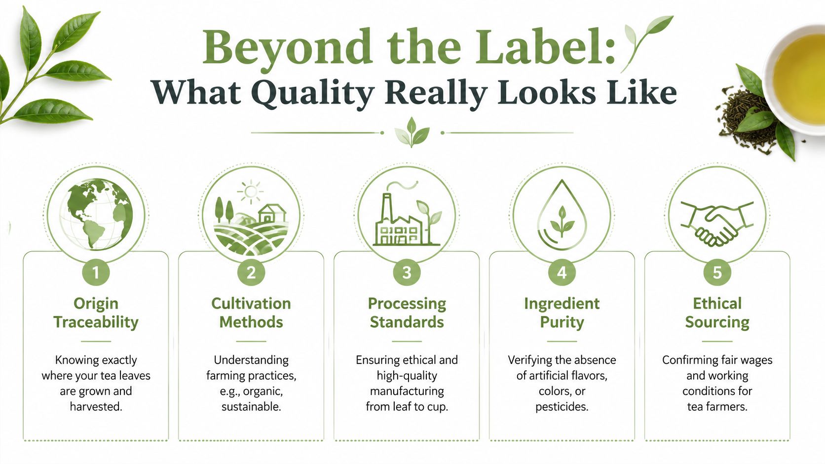 An infographic detailing five key aspects of tea quality, including traceability, farming, processing, purity, and ethical sourcing.