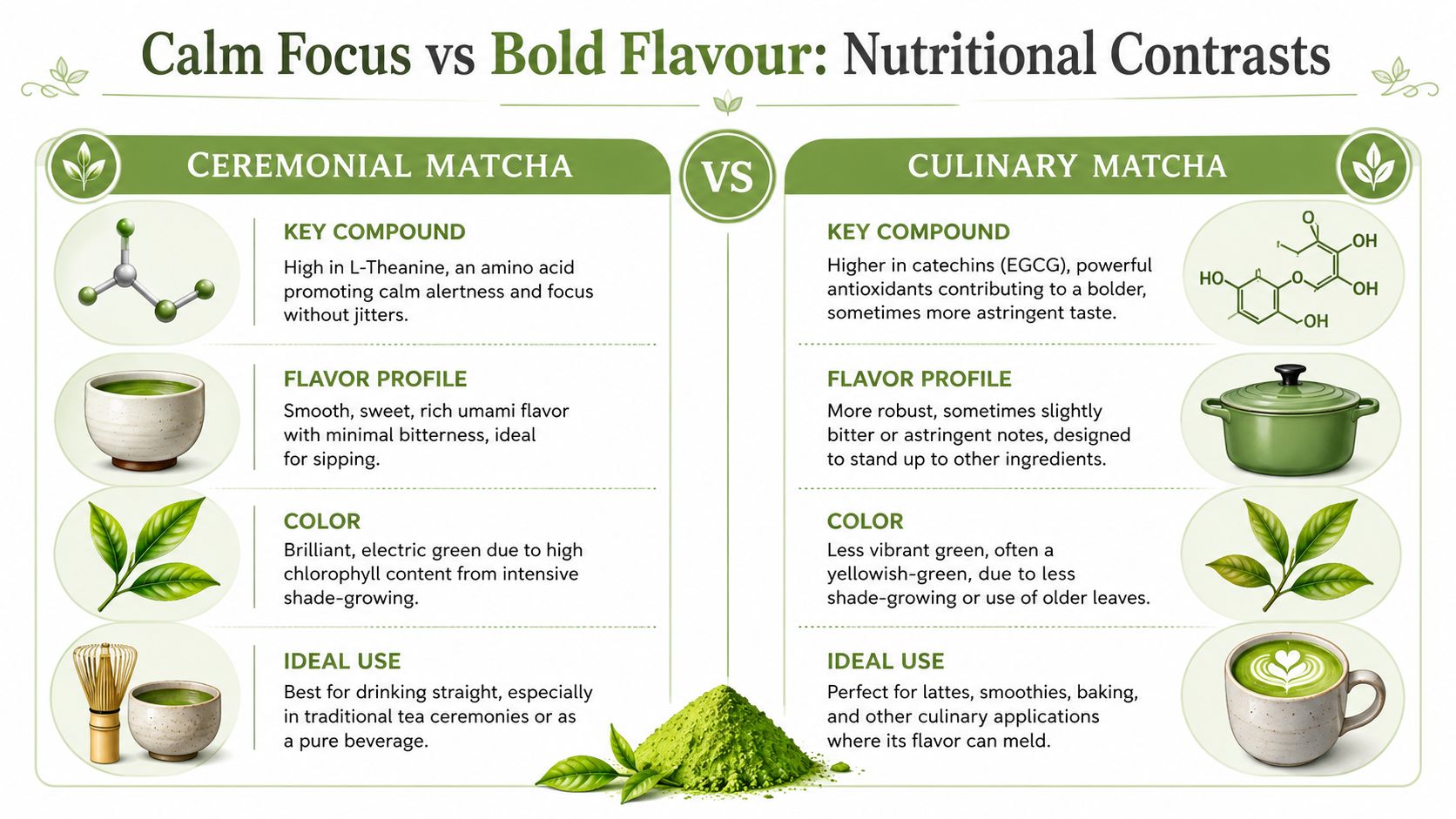 An infographic comparing Ceremonial and Culinary Matcha based on key compounds, flavor profiles, color, and ideal usage.