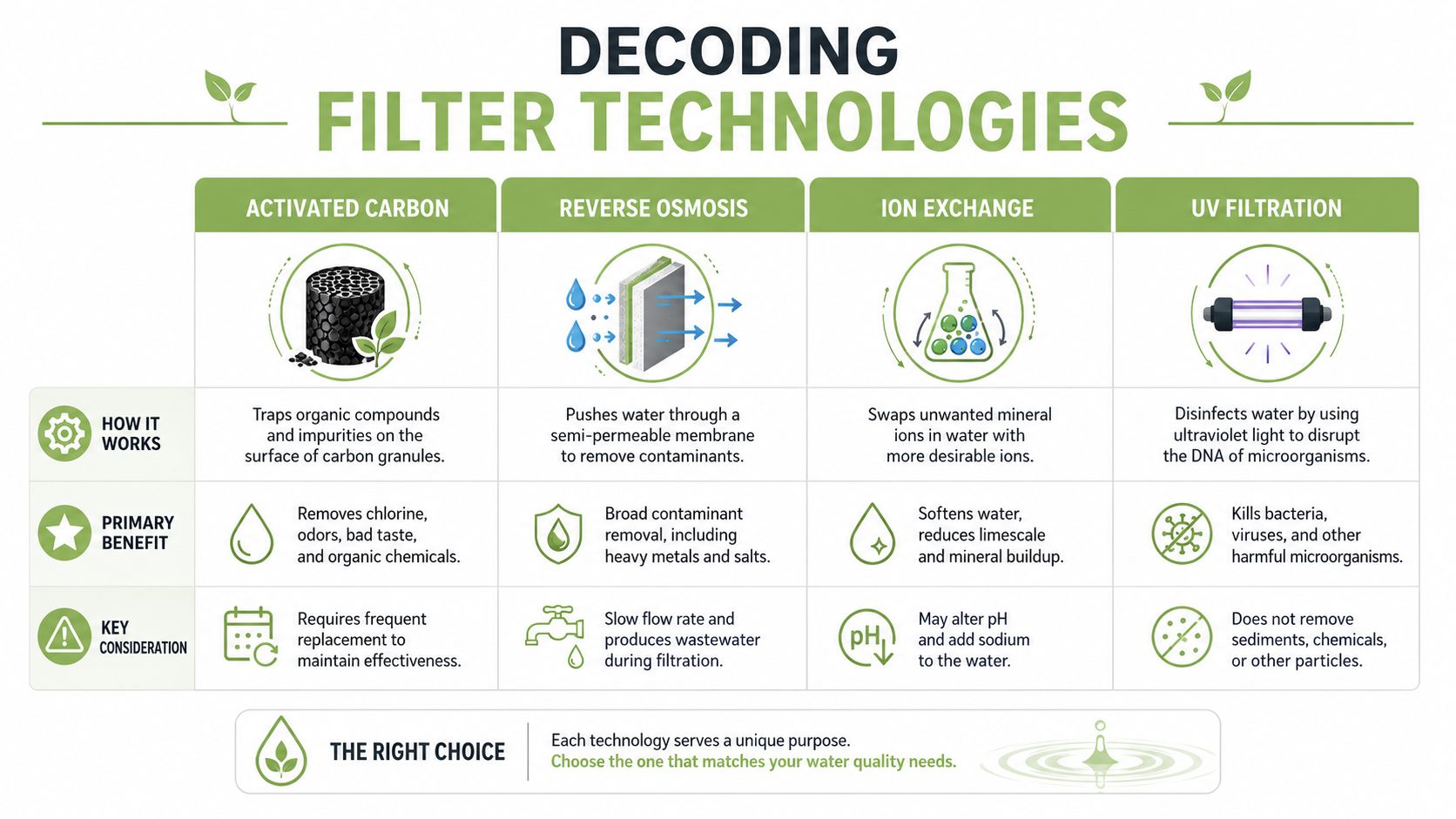 A comparison chart explaining the functionality, benefits, and considerations of different water filtration technologies.