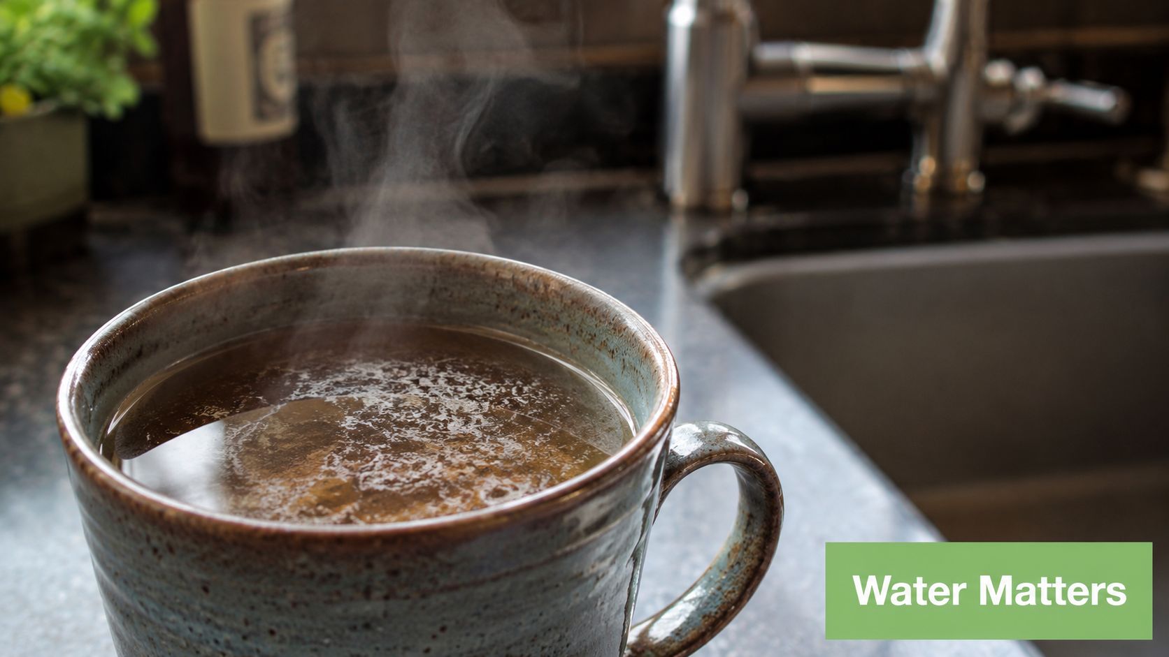A steaming mug of hot liquid sitting on a kitchen counter near a water faucet.