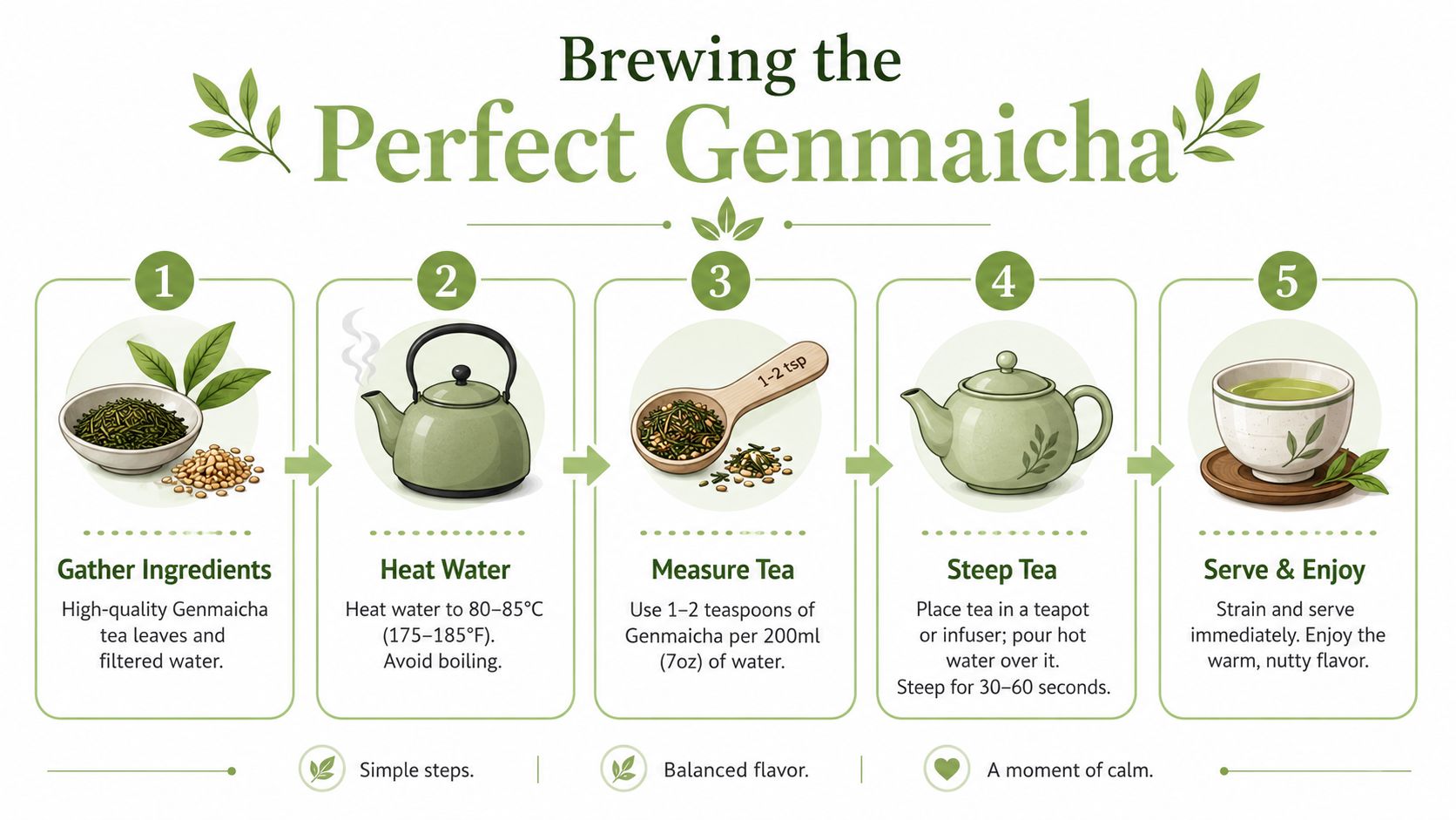 An infographic showing the five simple steps for brewing the perfect cup of Japanese Genmaicha tea.