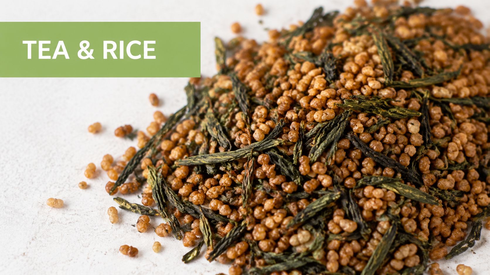 A close-up view of Genmaicha tea, featuring toasted brown rice mixed with green tea leaves on white.