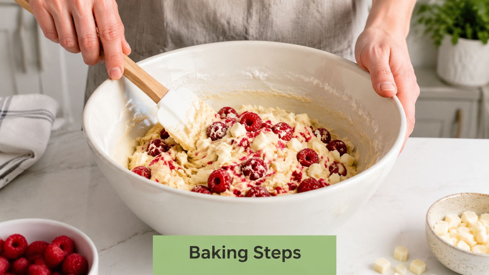 A person gently folding fresh raspberries and white chocolate chunks into muffin batter in a large bowl.