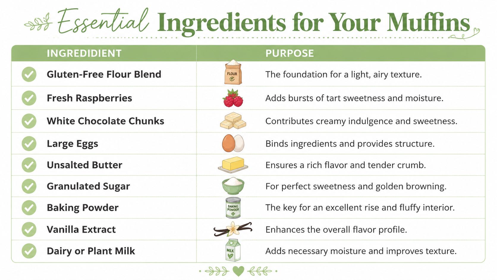A table outlining essential ingredients for gluten-free raspberry and white chocolate muffins and their culinary purposes.