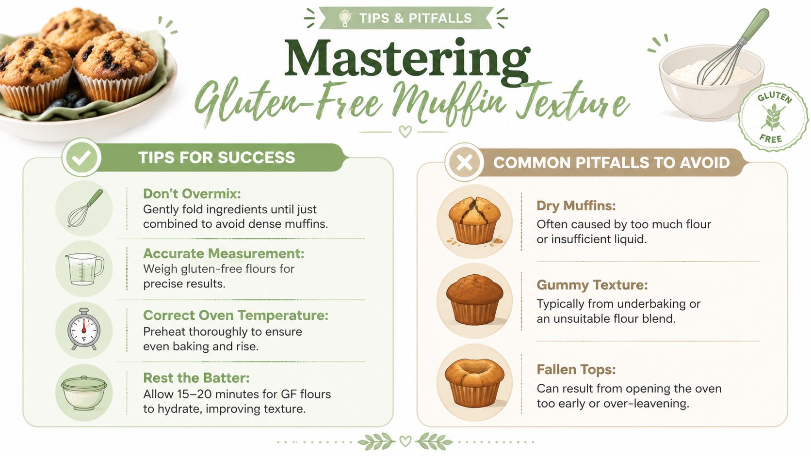 A helpful infographic outlining tips and common pitfalls for baking perfect gluten-free muffins.