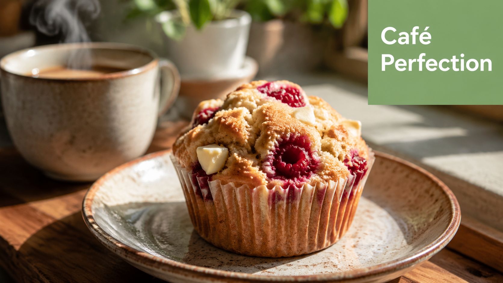 A freshly baked raspberry and white chocolate muffin on a ceramic plate next to a steaming mug.