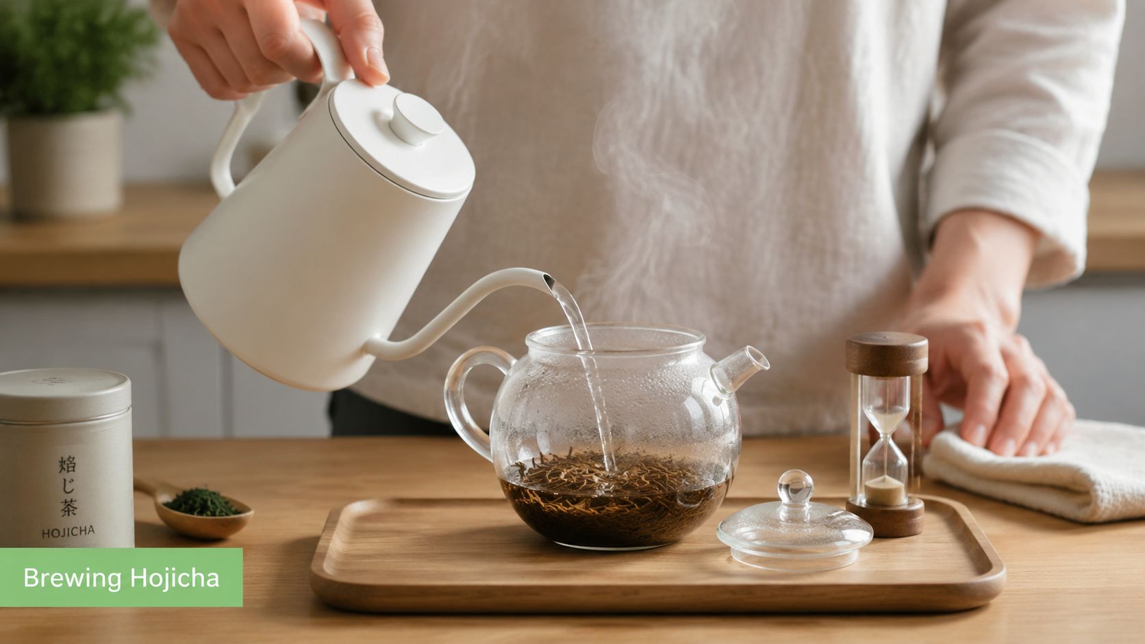 A person pouring hot water from a white kettle into a glass teapot filled with hojicha tea leaves.