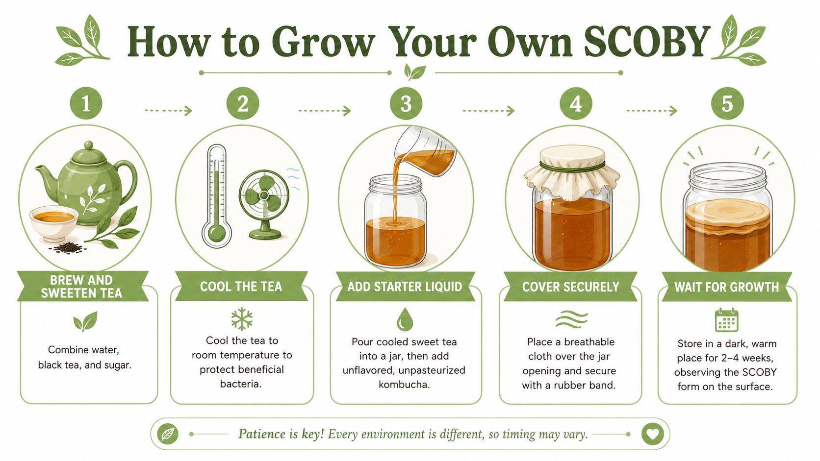An infographic illustration showing the five simple steps for growing a homemade SCOBY for brewing kombucha.