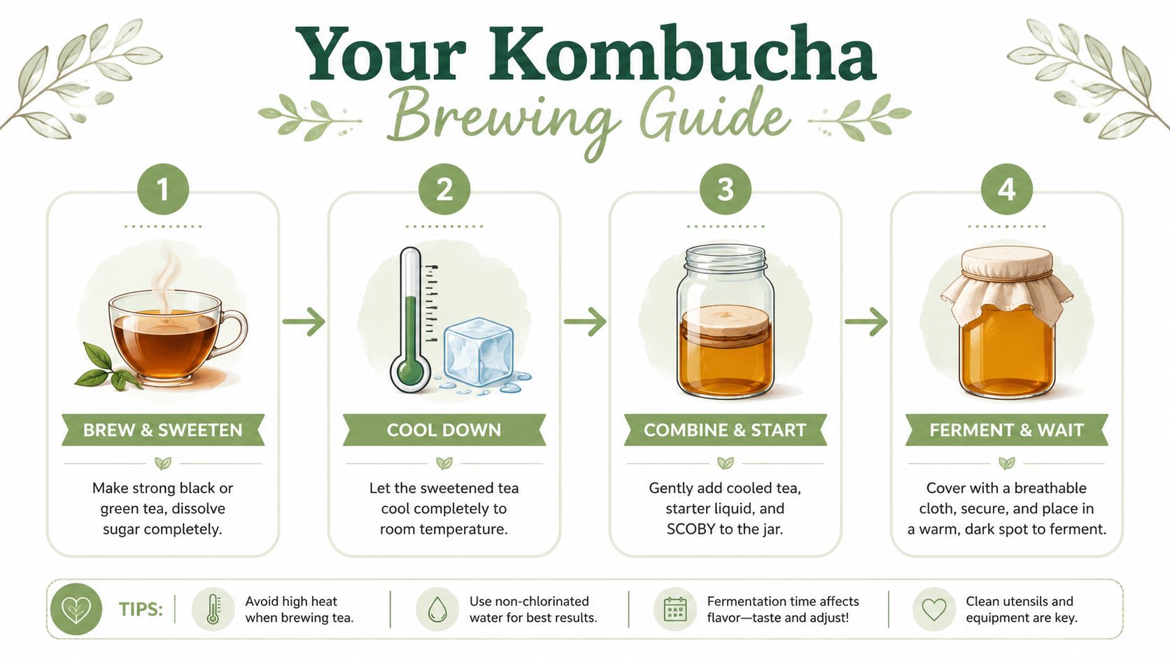 An instructional infographic detailing the four steps for brewing kombucha with tea, sugar, and a SCOBY.