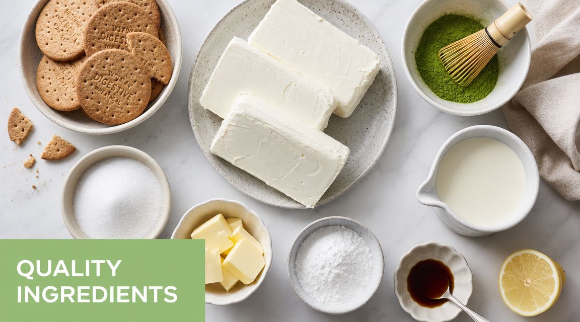 A top-down view of ingredients for a matcha cheesecake, including biscuits, cream cheese, matcha powder, sugar, butter, and heavy cream.