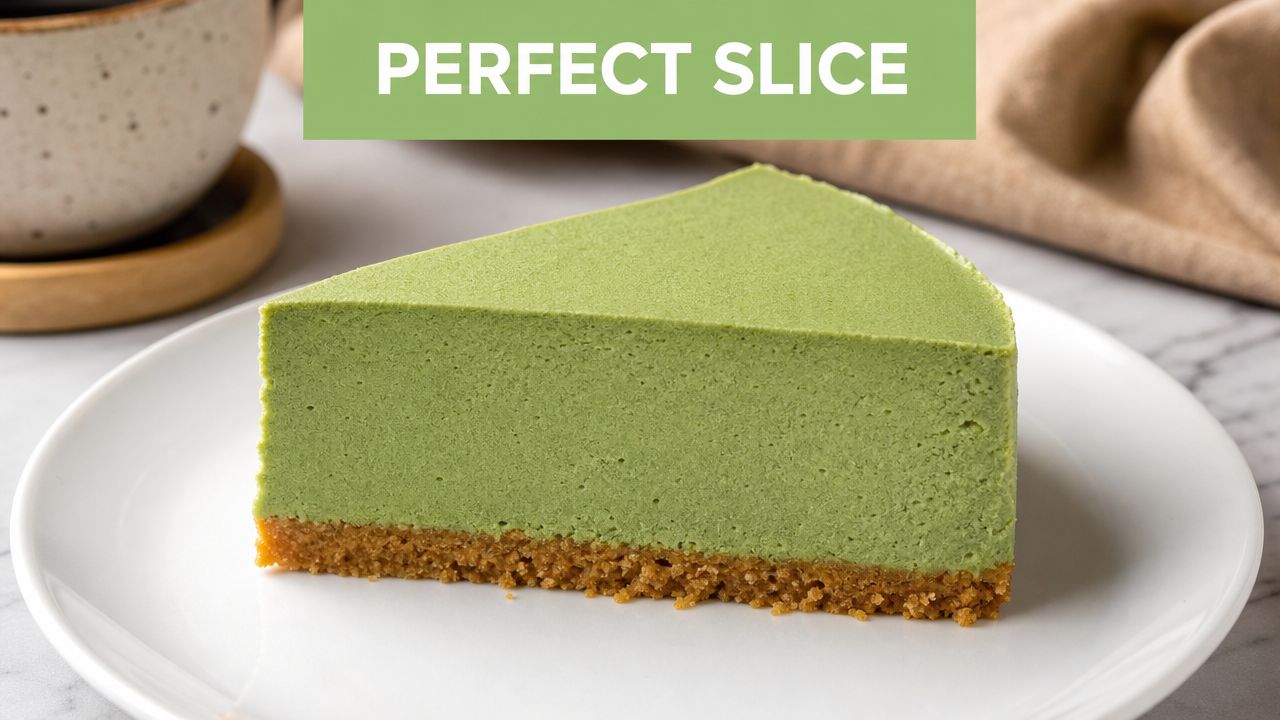 A slice of creamy green matcha cheesecake with a golden brown crust sits on a white plate.