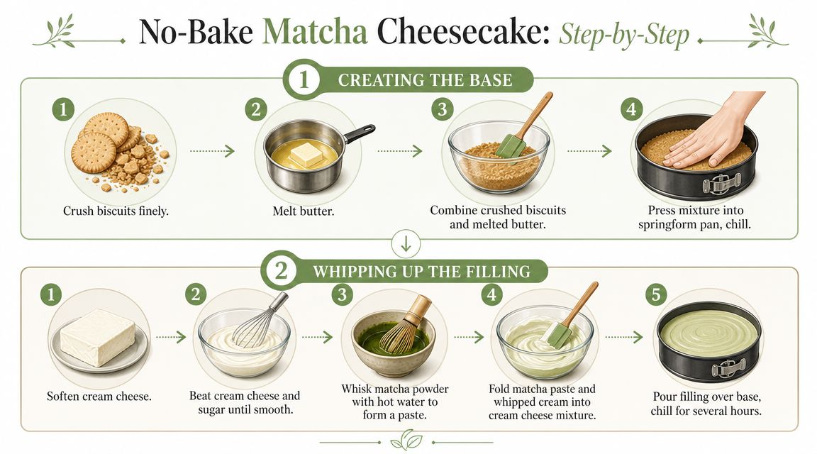 An infographic showing the step-by-step instructions for making a no-bake matcha cheesecake dessert at home.