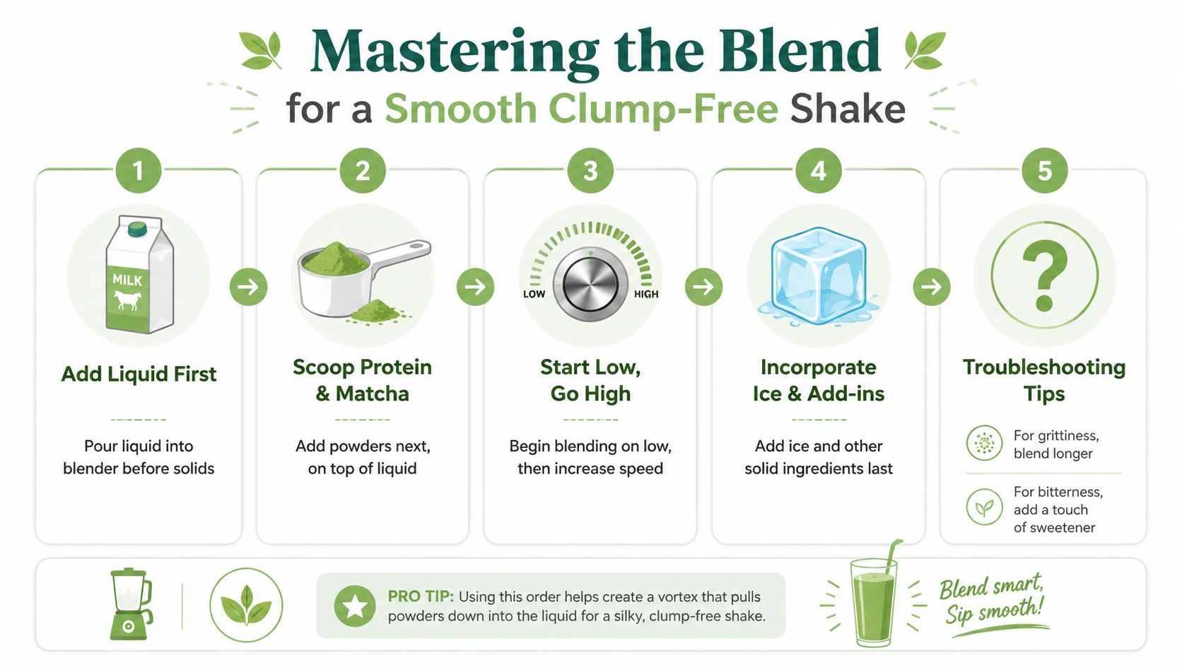 An infographic showing five easy steps to create a perfect, clump-free matcha protein shake in a blender.