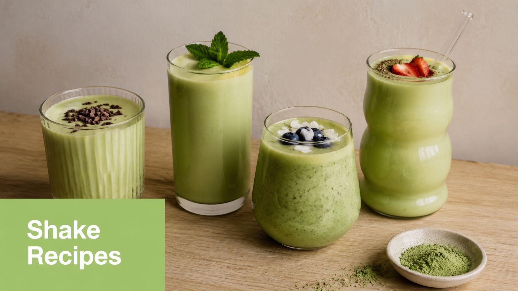 Four different green matcha protein shakes in assorted glasses arranged on a wooden table surface.