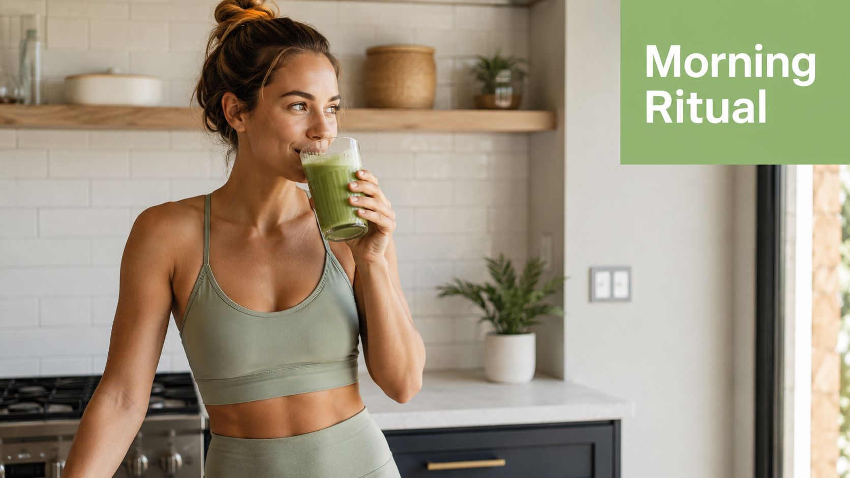 A fit young woman in workout clothes smiling while drinking a green matcha smoothie in her kitchen.