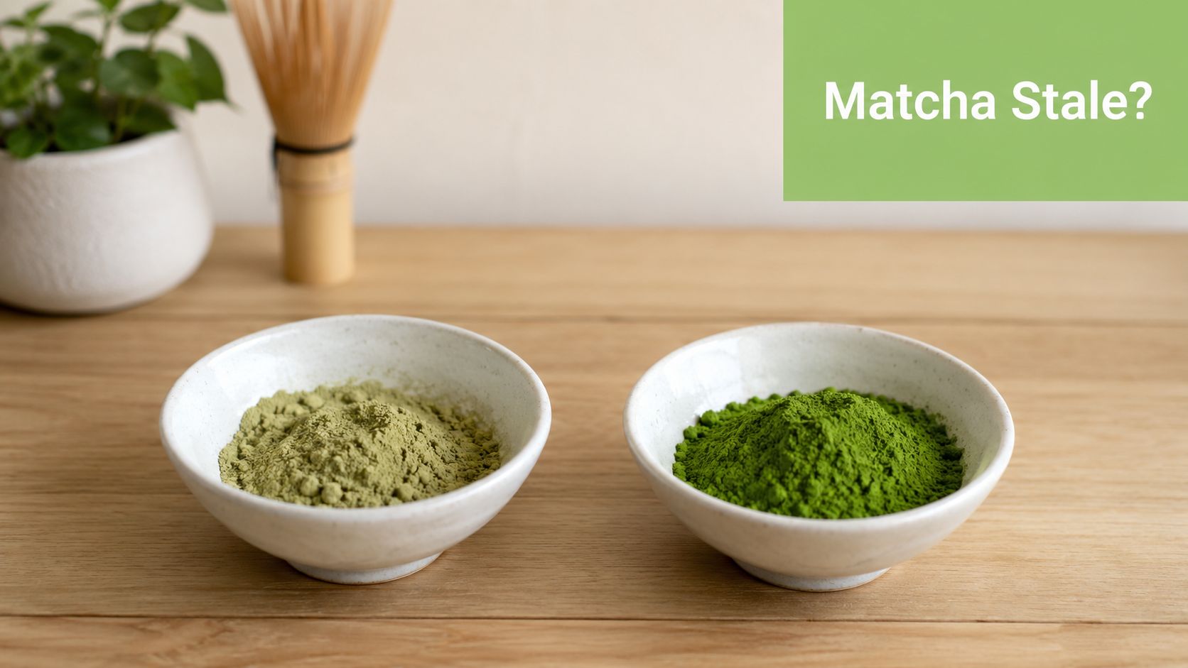 A side-by-side comparison of dull, oxidized matcha powder and vibrant, fresh green matcha powder in bowls.