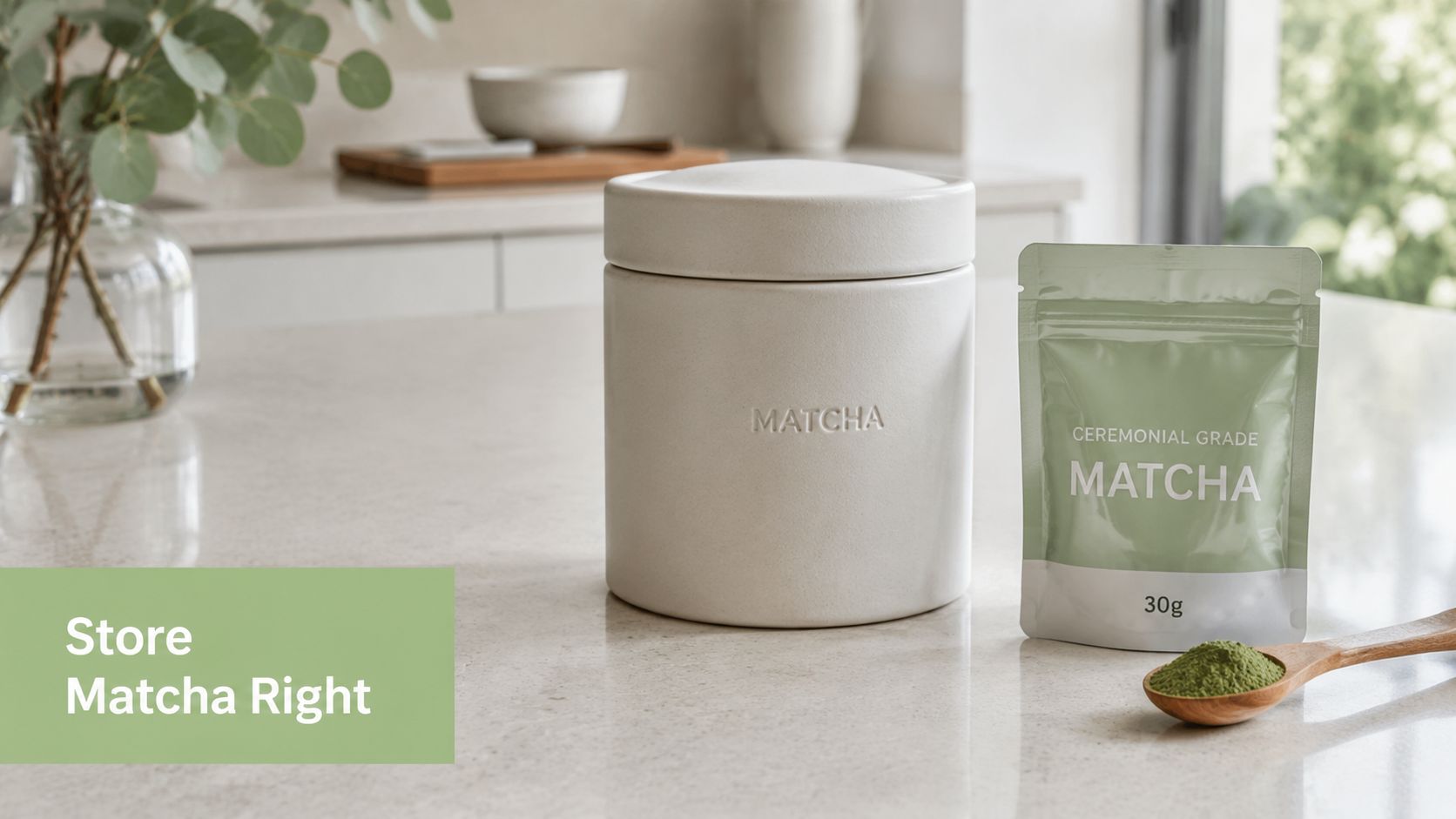 A ceramic container and a matcha tea pouch sit on a clean kitchen counter near a spoon.