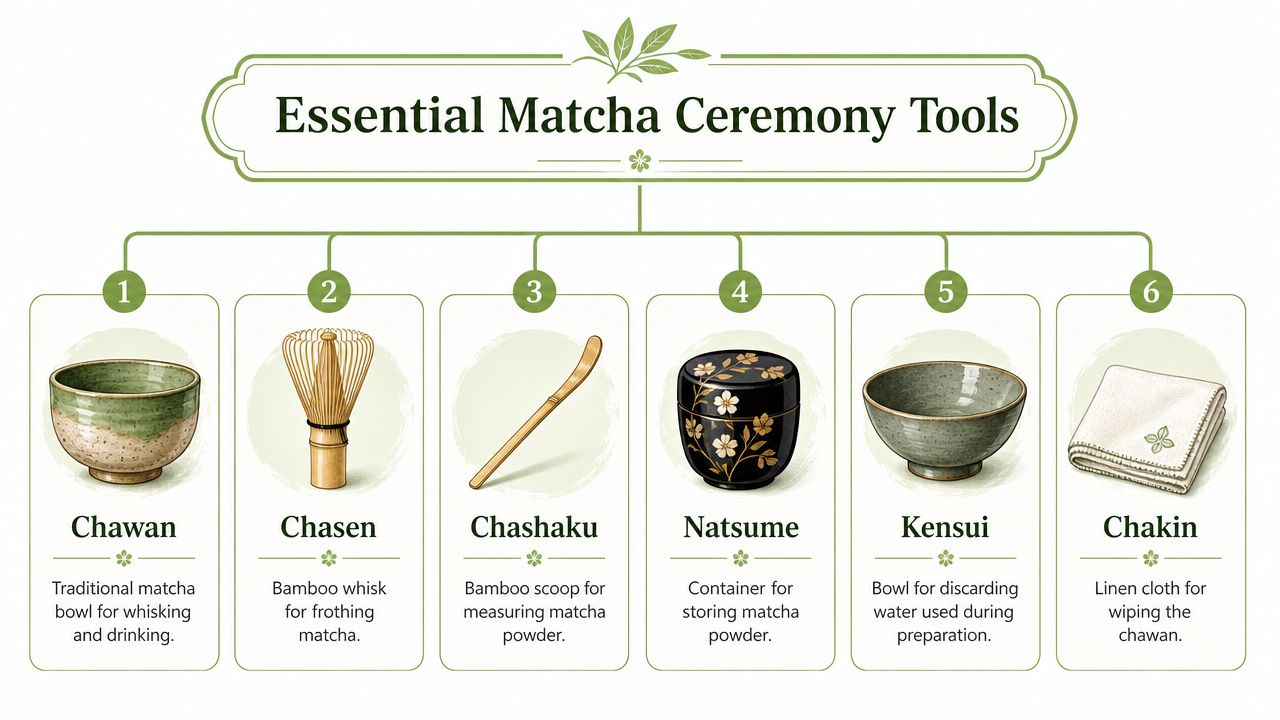 A diagram illustrating six essential tools used in a traditional Japanese matcha tea ceremony with descriptions.