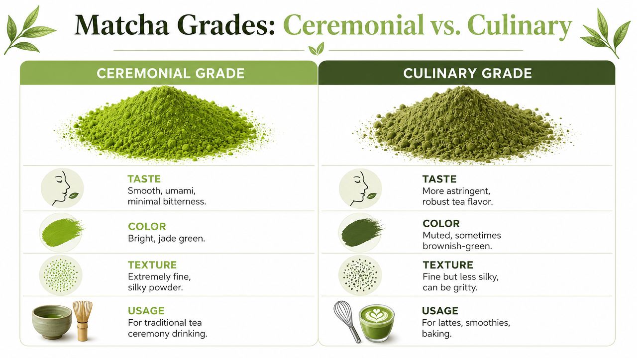 A comparison chart showing the differences between ceremonial grade and culinary grade matcha tea powders.