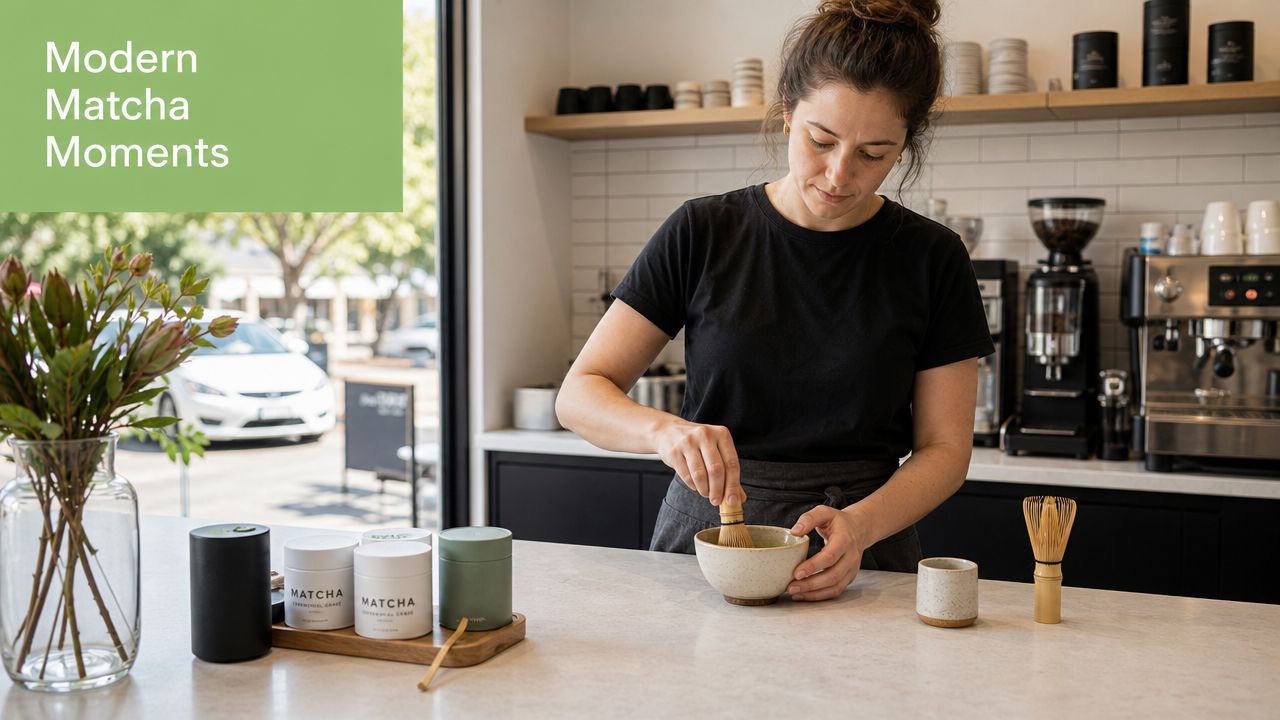A barista in a cafe whisking a bowl of matcha tea with a bamboo whisk in a workspace.