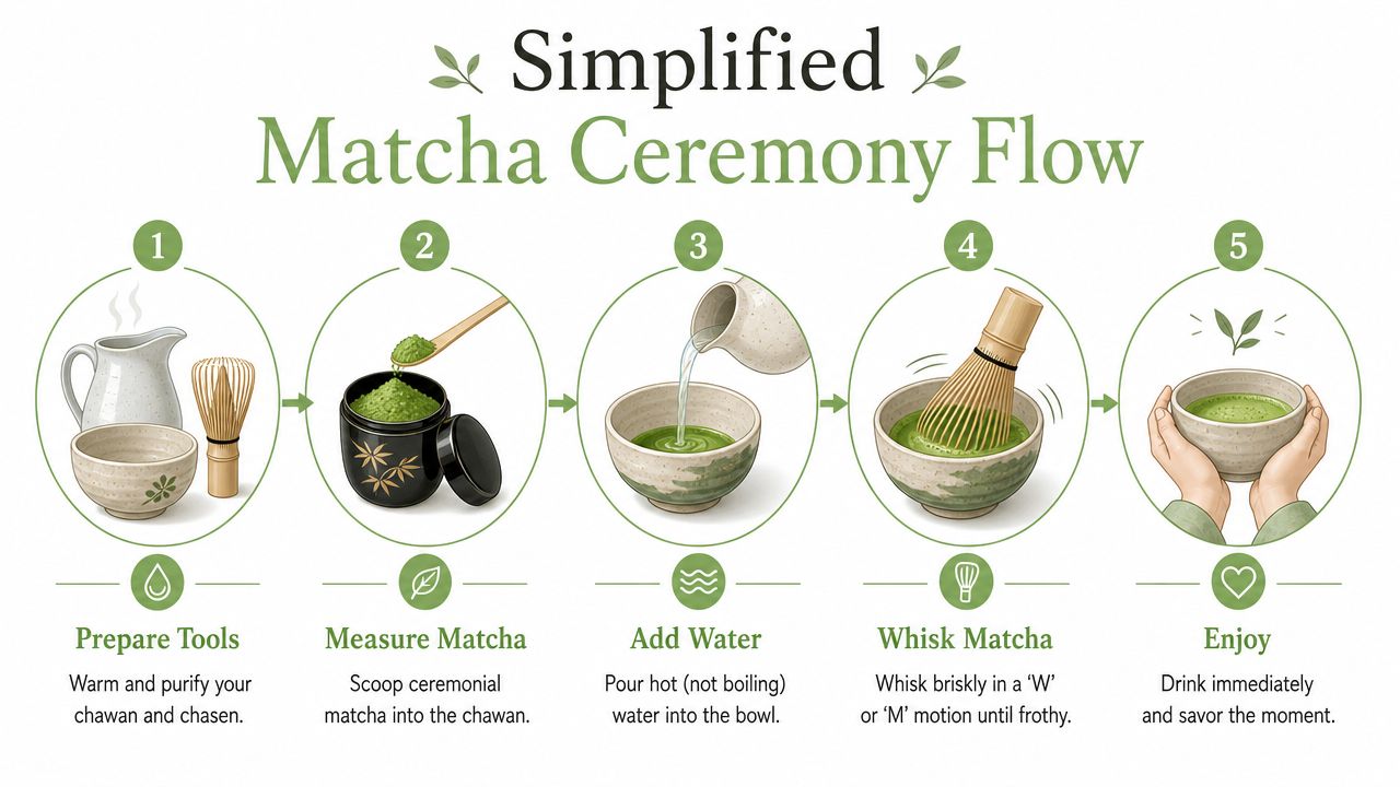 A simplified five-step infographic illustrating the traditional process of preparing and enjoying a ceremonial matcha tea.