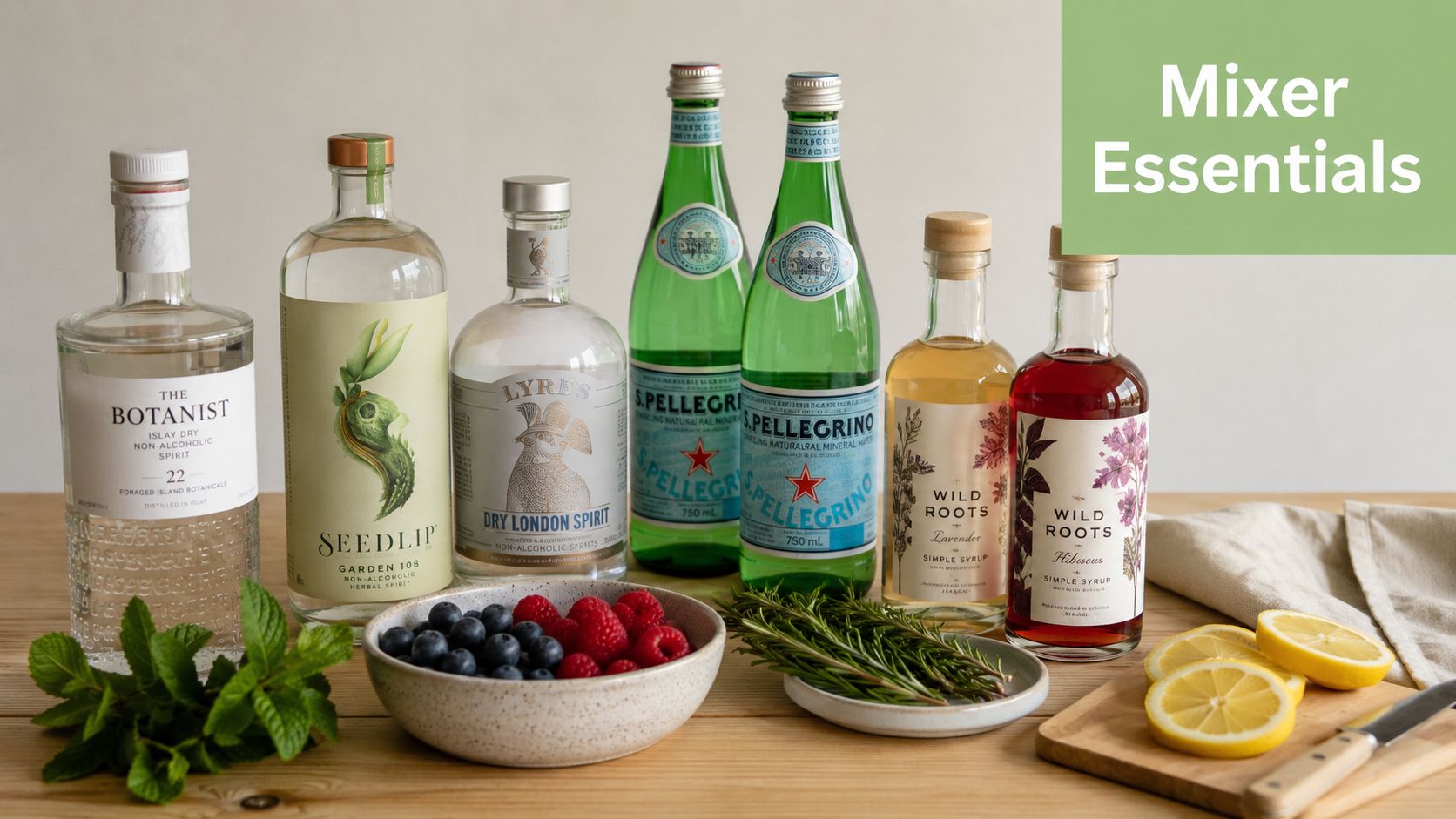 A collection of non-alcoholic spirits, sparkling water, simple syrups, fresh berries, mint, rosemary, and sliced lemons.