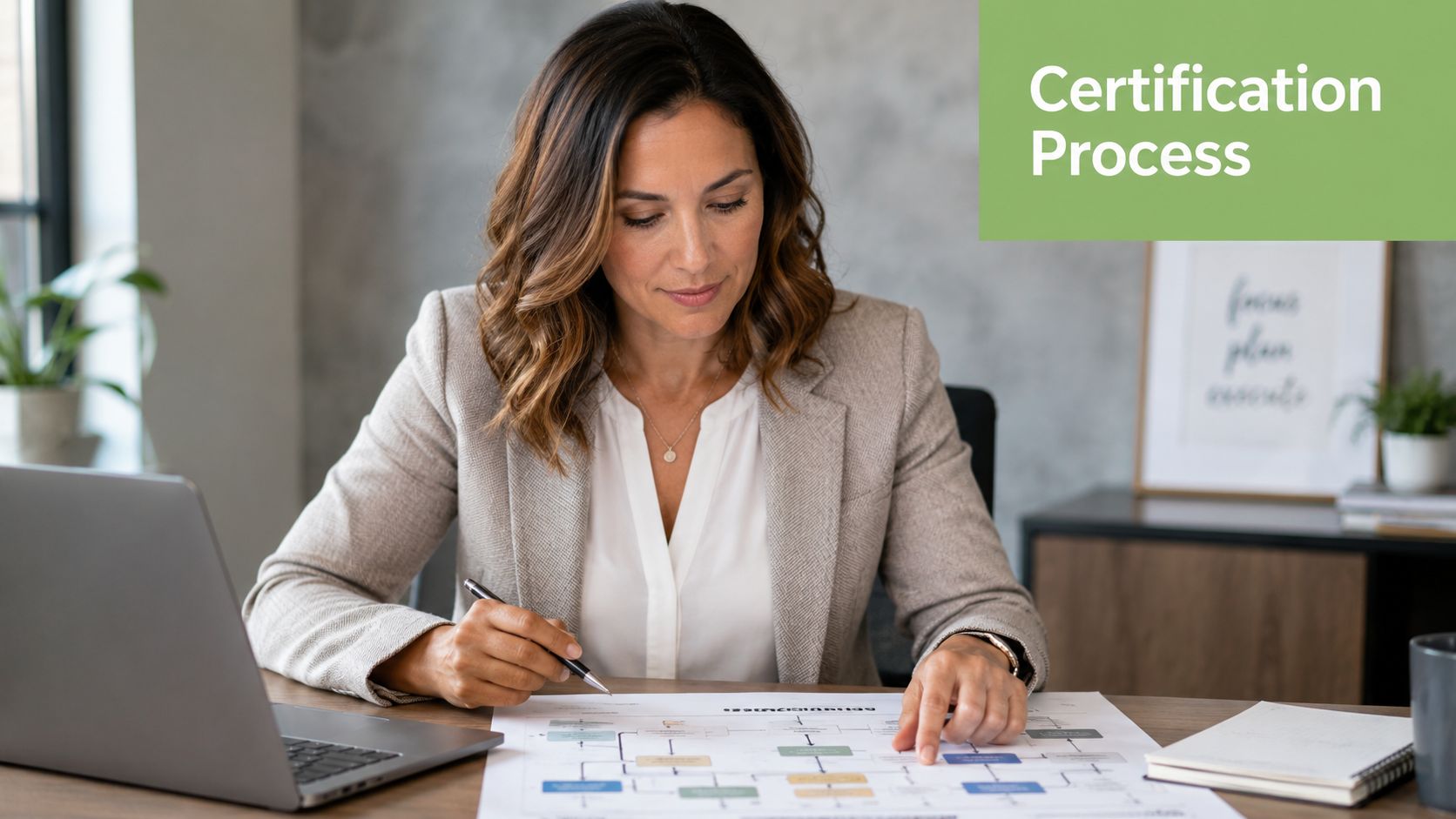 A businesswoman reviewing a detailed certification process flowchart while working at her desk with a laptop.
