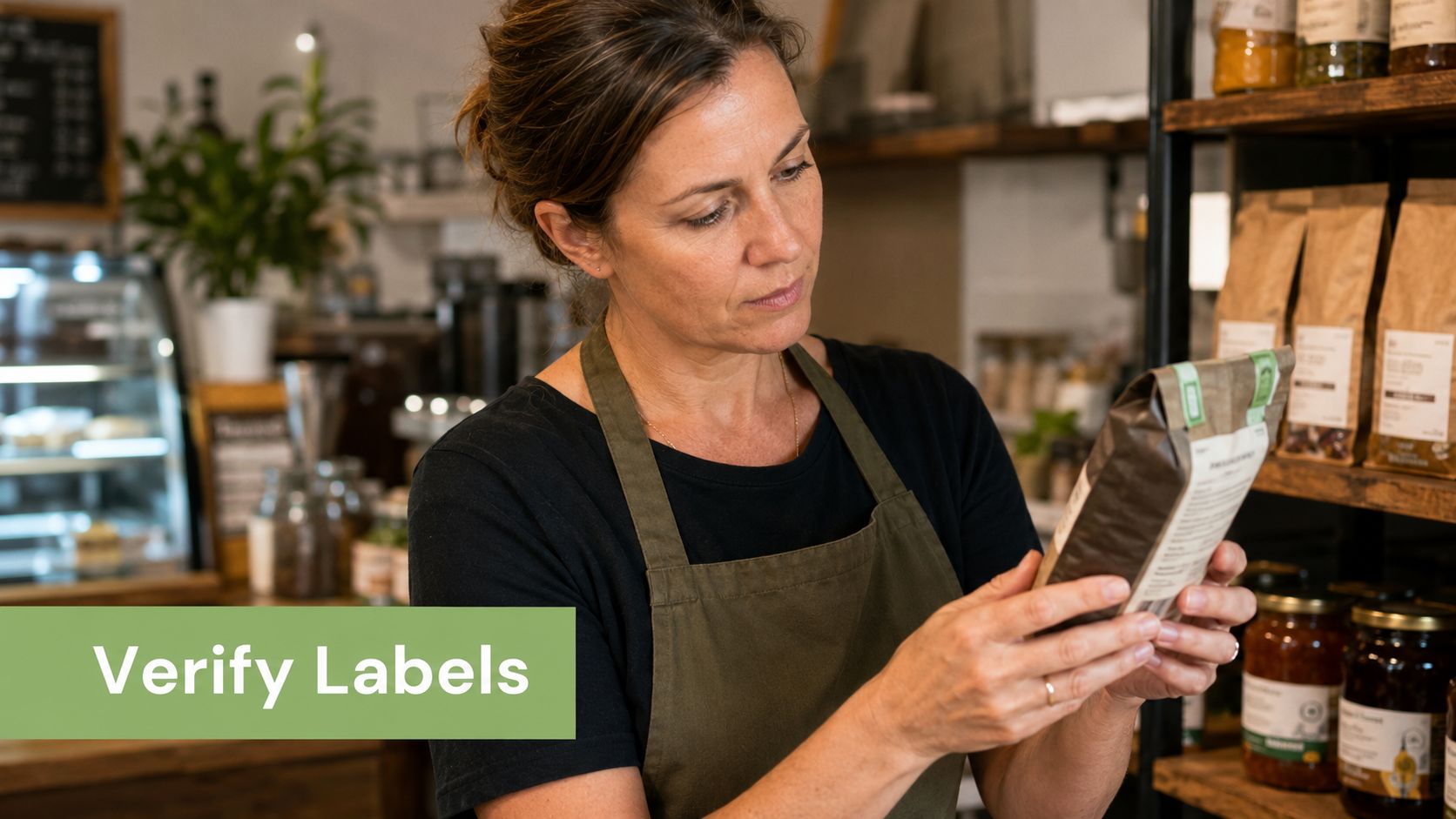 A store employee in an apron carefully checking the label on a packaged organic food product.