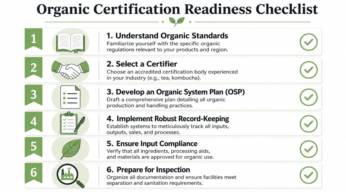 A six-step infographic detailing the necessary stages for achieving organic certification for business processes and products.