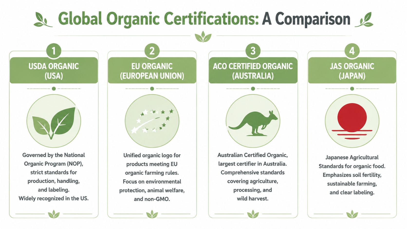 An infographic comparing four global organic certification standards from the USA, European Union, Australia, and Japan.