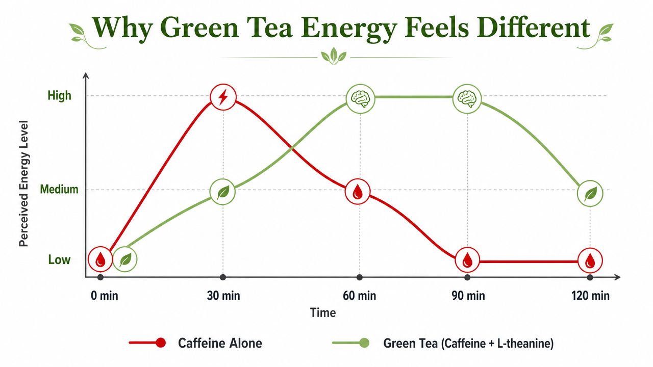 A line graph comparing energy levels over time between caffeine alone and green tea containing caffeine and L-theanine.