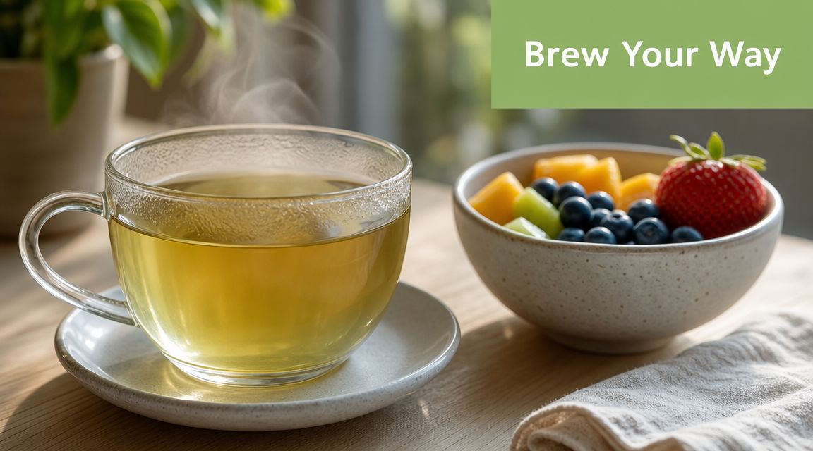 A steaming cup of green tea on a saucer next to a bowl of fresh fruit on a table.