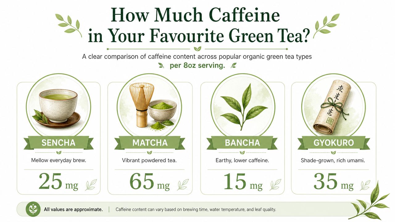 An infographic showing the approximate caffeine content per 8oz serving for Sencha, Matcha, Bancha, and Gyokuro green teas.