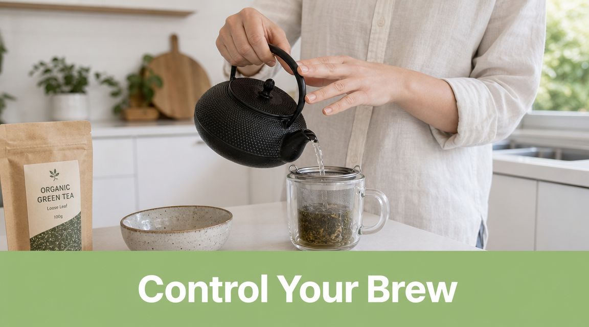 A person pouring hot water from a black teapot into a glass cup with loose organic green tea.