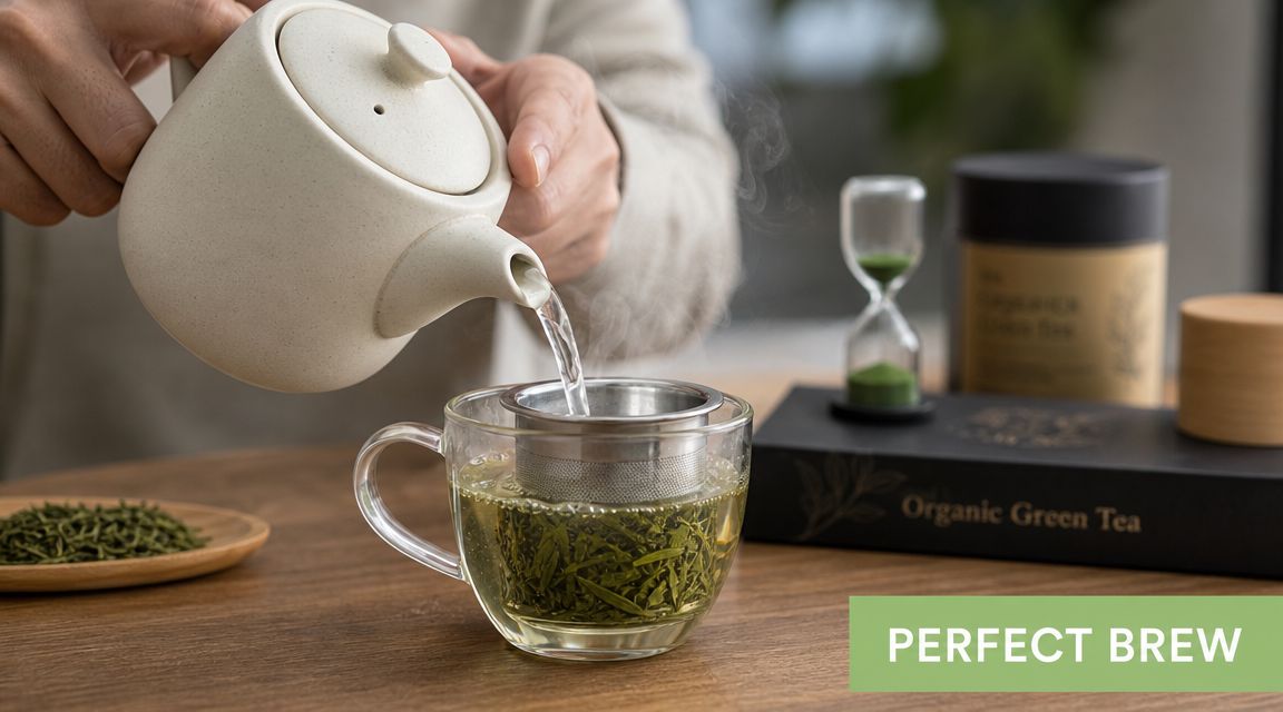 A person pouring hot water from a ceramic teapot into a glass cup with organic green tea.
