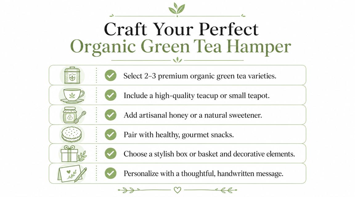 An infographic titled Craft Your Perfect Organic Green Tea Hamper providing six steps to assemble a gift basket.