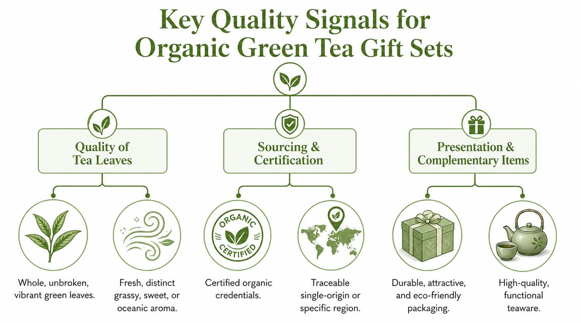 A diagram outlining key quality signals to look for when choosing organic green tea gift sets.