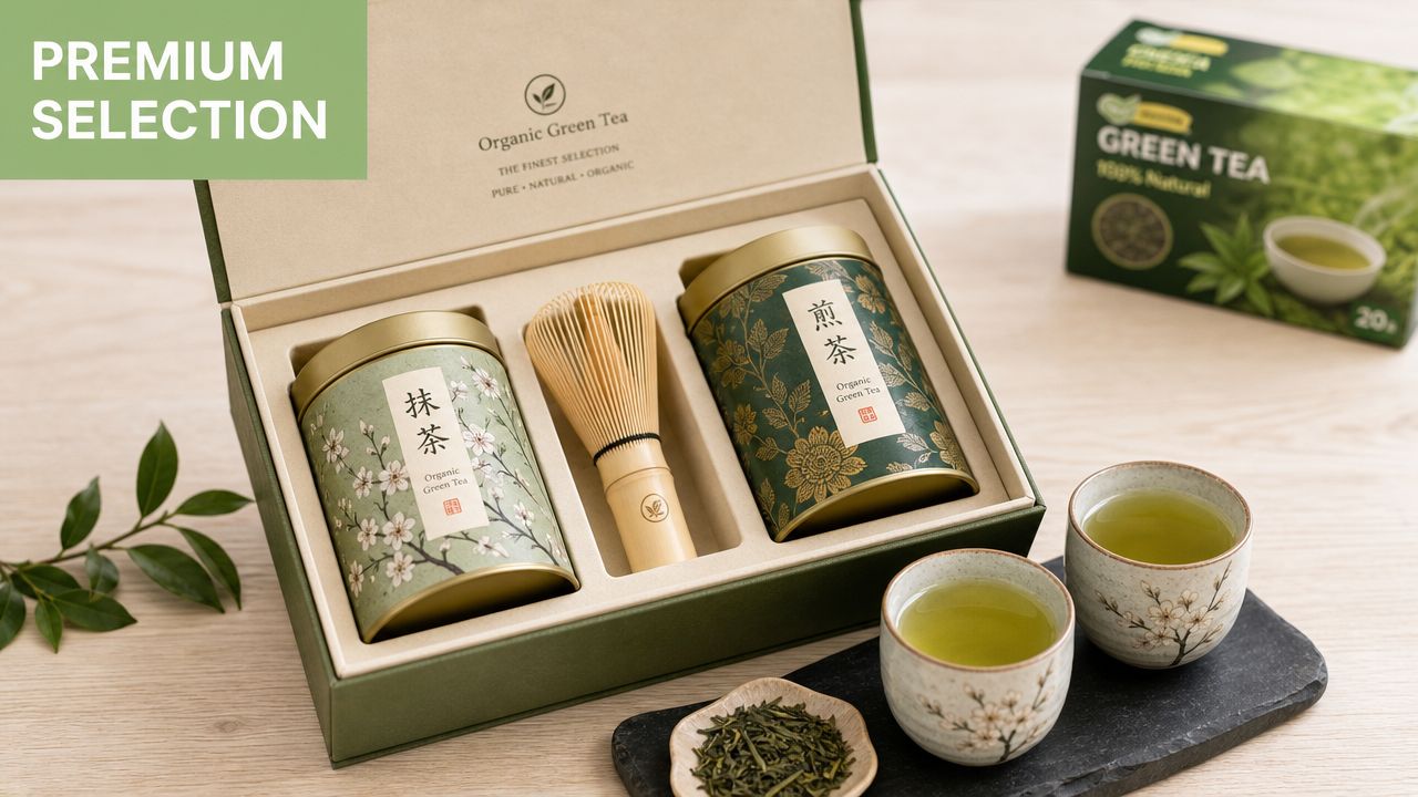 An elegant organic green tea gift set containing two decorative tins, a bamboo whisk, and tea cups.