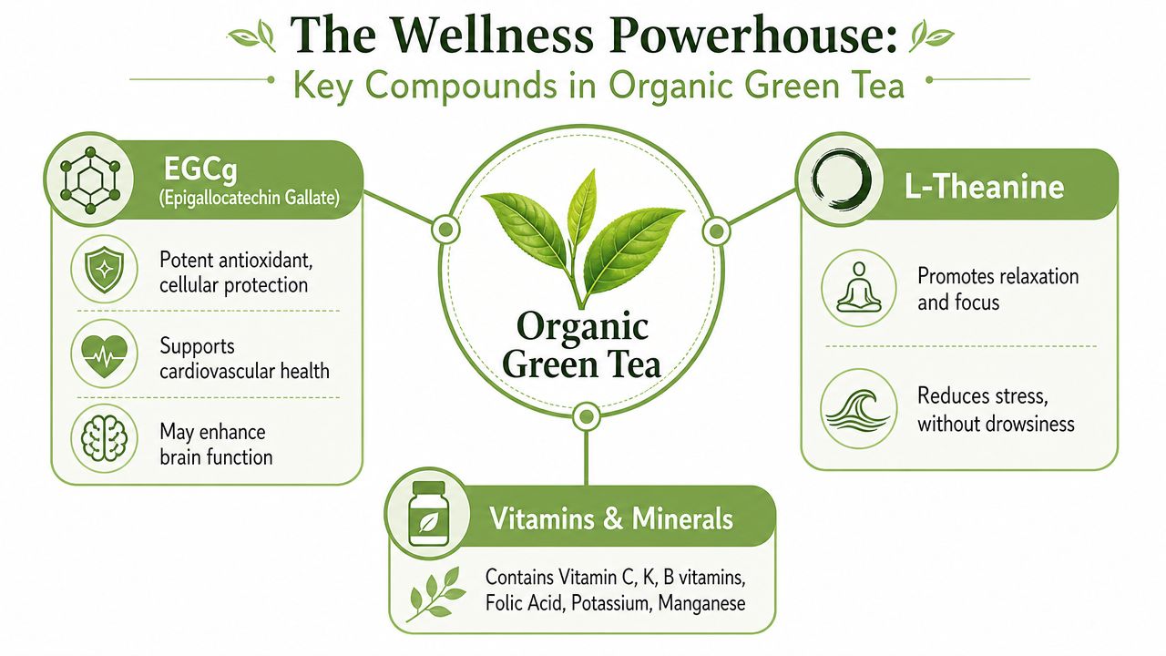 An infographic detailing the health benefits and key chemical compounds found in organic green tea.