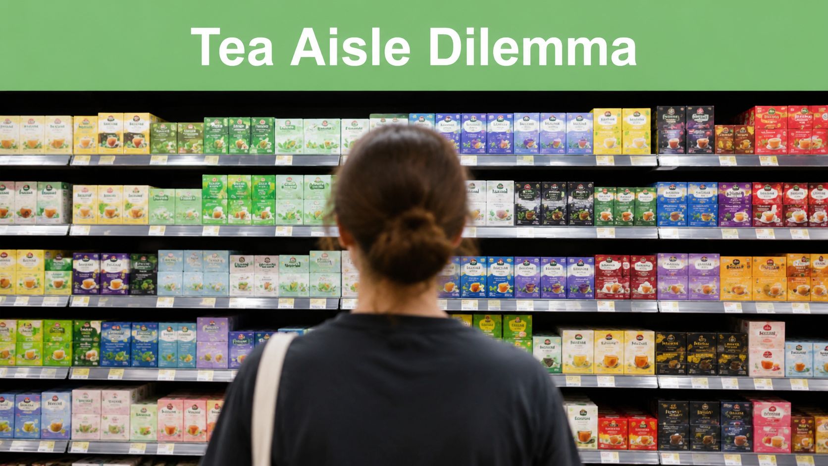 A person standing in front of a grocery store shelf deciding between many varieties of tea boxes.
