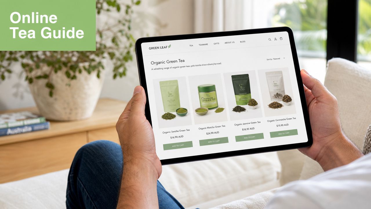 A person holding a tablet displaying an online store page for purchasing organic green tea products.