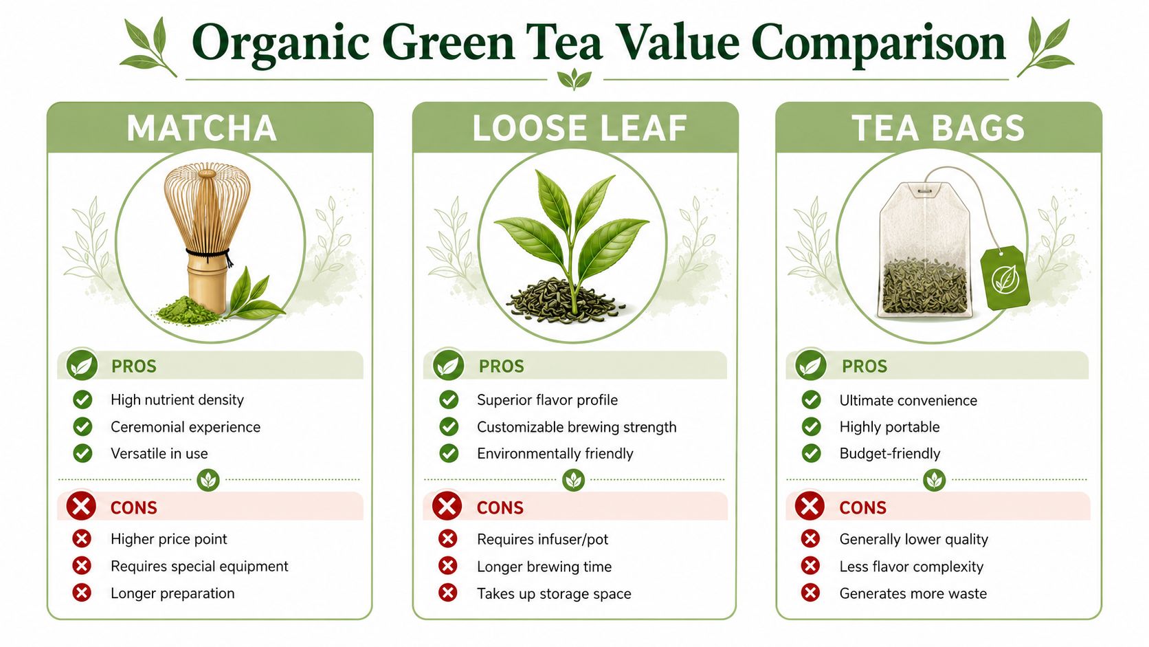 A comparison chart showing the pros and cons of matcha, loose leaf, and tea bag green tea.
