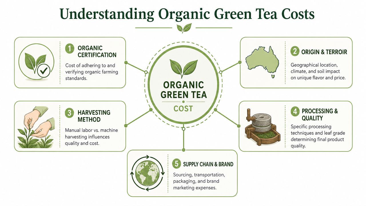 An infographic titled Understanding Organic Green Tea Costs detailing five key factors influencing the final price.